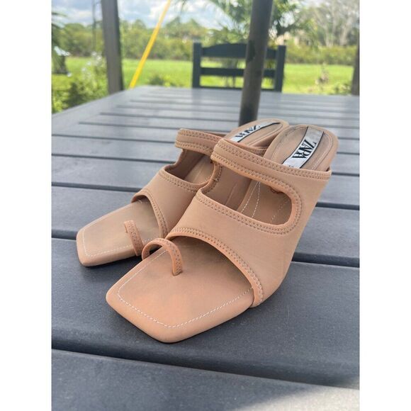 Zara Women Beige Neoprene Slip-On Heels Sandals 40 - Picture 1 of 7